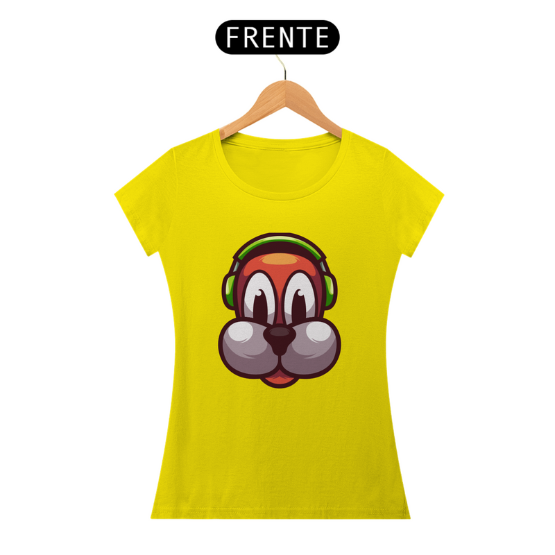 Camiseta Baby Long Quality Estampa Cachorro com Fone de Ouvido